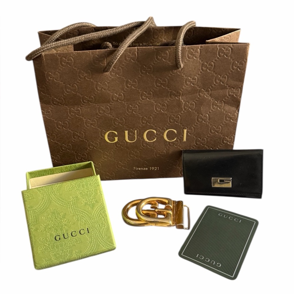 GUCCI 5 Piece Bundle - Belt Buckle, Card/Key Wallet, “K” of Diamond, Box & Bag